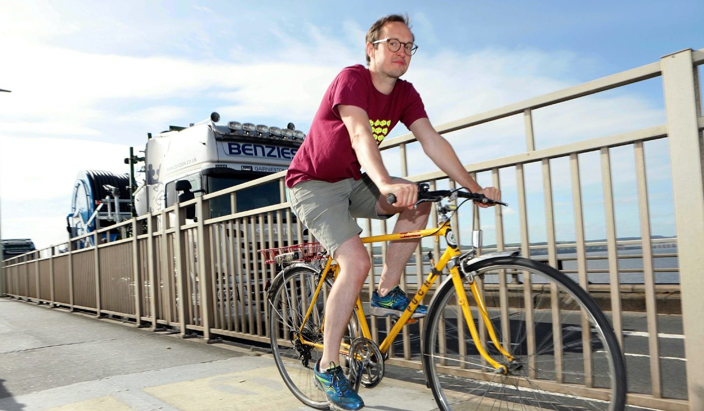 Russell Pepper of Dundee Cycling Forum cycling on the Tay Road Bridge.