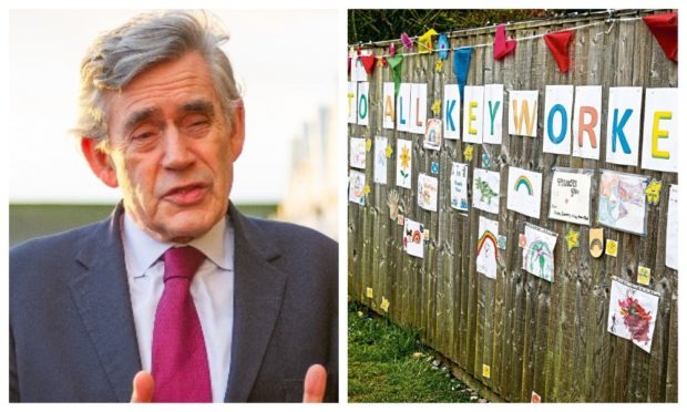 Gordon Brown, and a wall of thanks to key workers from Toft Hill residents in Glenrothes.