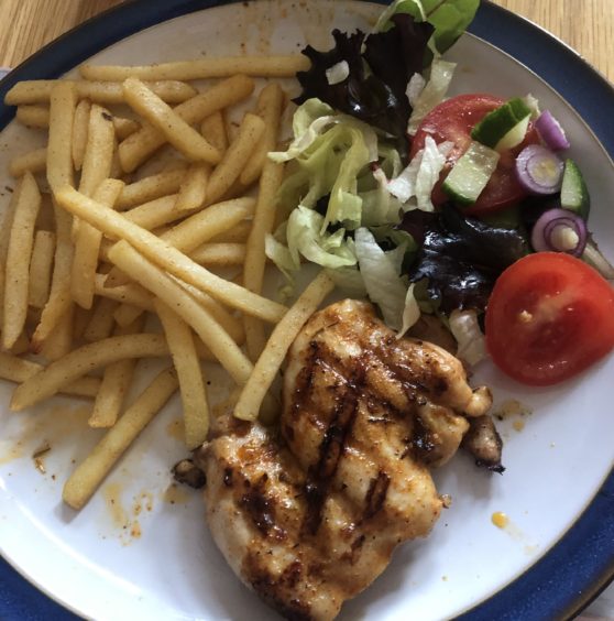 Nando's style peri peri chicken dinner with chips and salad