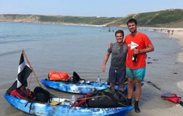 Jack Gatacre (right) with friend Raf Le Cornu at the end of their London to Land’s End challenge in 2018.
