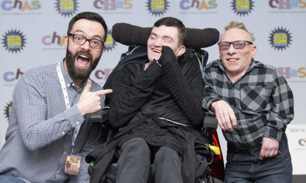 CBBC's Raven star James Mackenzie and Doctor Who icon Jimmy Vee with Adam Meldrum (middle), who receives care from Rachel House.