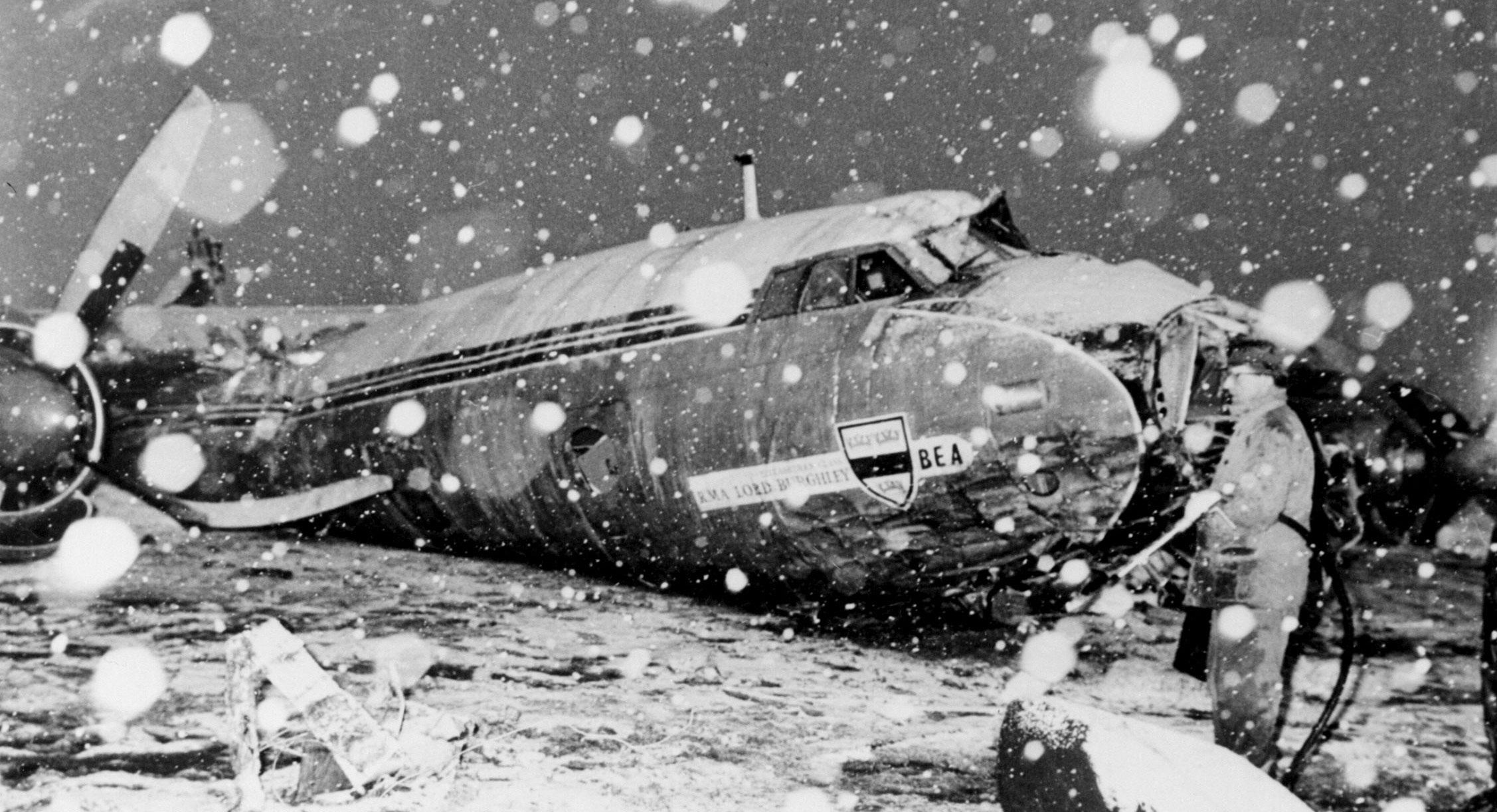 The wreckage of the British European Airways plane which crashed in Munich on February 6, 1958, while bringing home members of the Manchester United football team from a European Cup match.