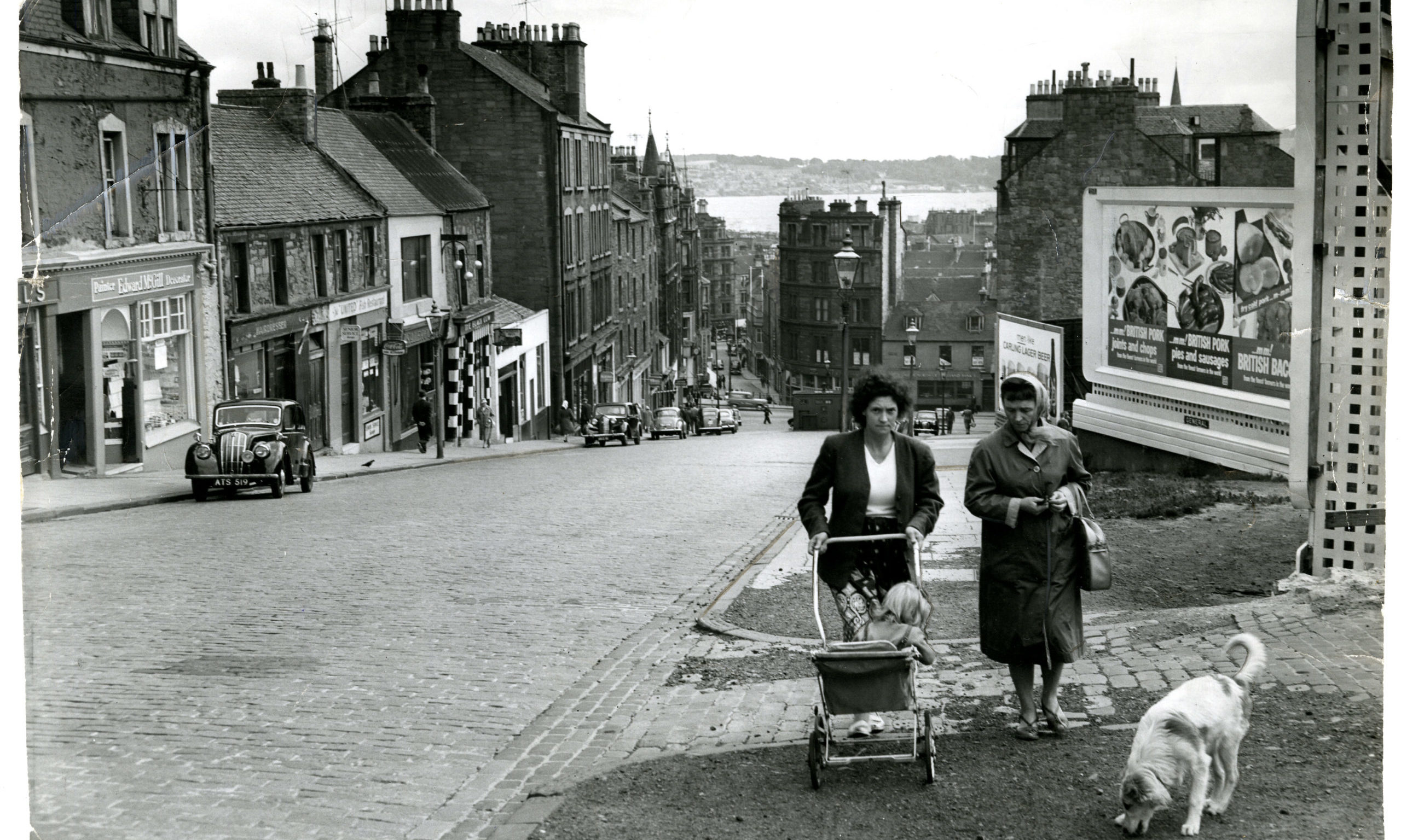 Two women and a dog walking up the Hilltown in Dundee on June 29 1961.