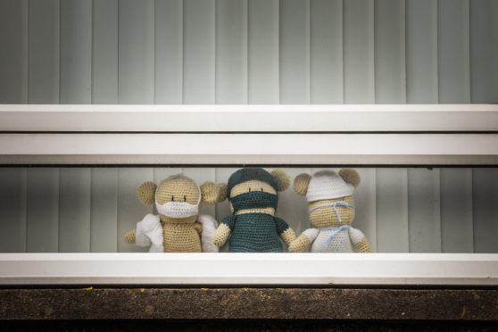 Cuddly toys are seen with masks on.