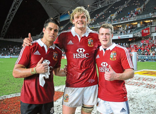 Scotland contingent of Lions (L to R) Sean Maitland, Richie Gray and Stuart Hogg give a thumbs up after victory during 2013 British & Irish Lions tour