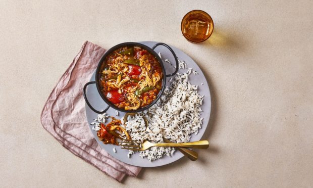 Mouth-watering chicken jalfrezi with fragrant basmati rice.