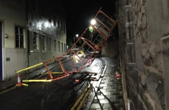 The scaffolding fell across Kirk Wynd.