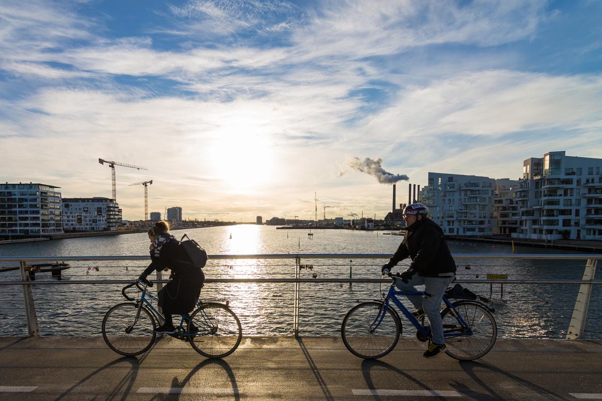 Cyclists on the Bryggebroen pedestrian and cyclist bridge in Copenhagen.