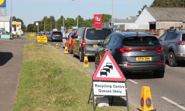 Traffic queuing to get into Forfar recycling centre.