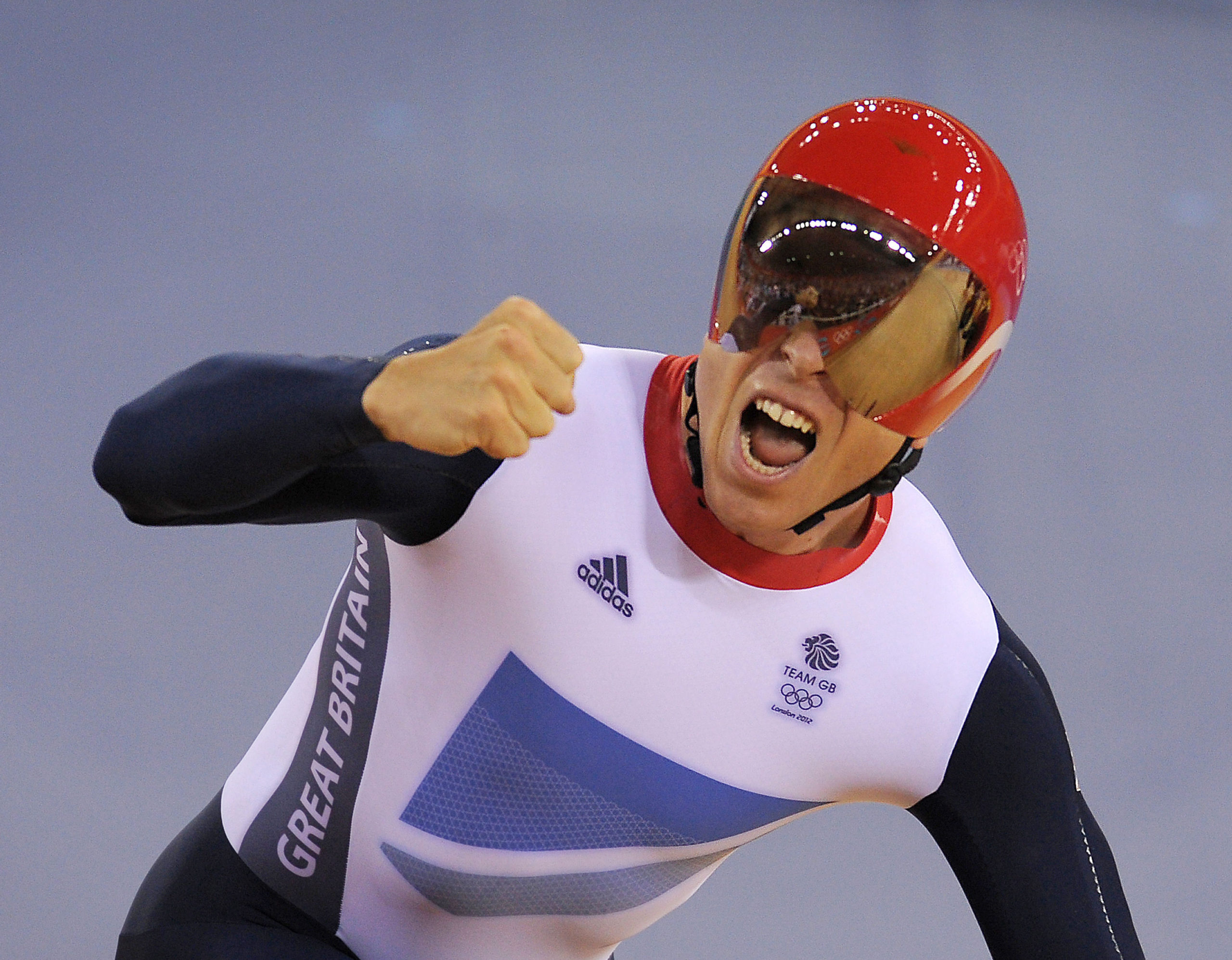 Great Britain's Sir Chris Hoy celebrates Gold in the team sprint final on the first day of the track cycling at the Velodrome in the Olympic Park. PRESS ASSOCIATION Photo. Picture date: Thursday August 2, 2012. See PA story OLYMPICS Cycling Track. Photo credit should read: Tim Ireland/PA Wire. EDITORIAL USE ONLY