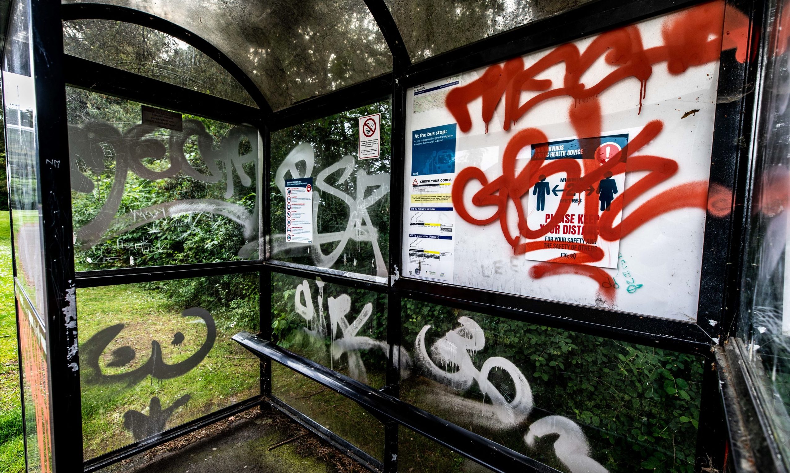 A bus shelter 'tagged' in Kintail Court.