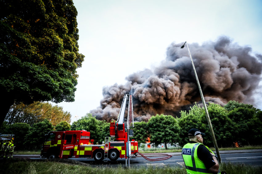 The scene at Baldovie on the night of the blaze.