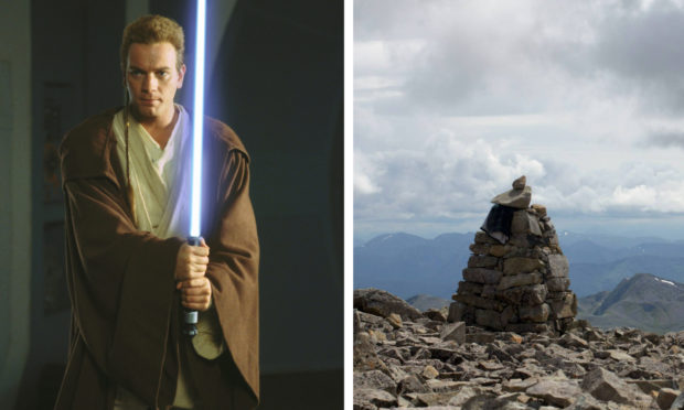Ewan McGregor as Obi Wan Kenobi/A cairn at the top of Ben Nevis.