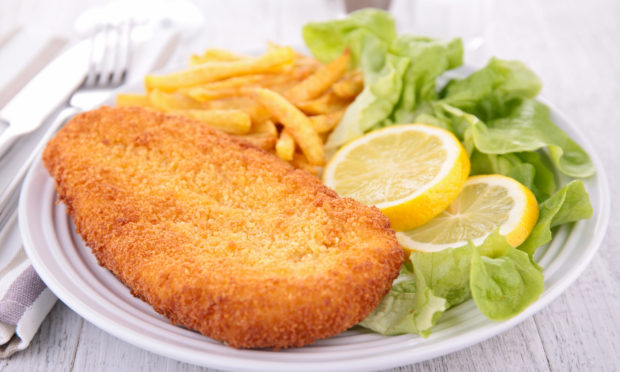 Breaded chicken and fries.