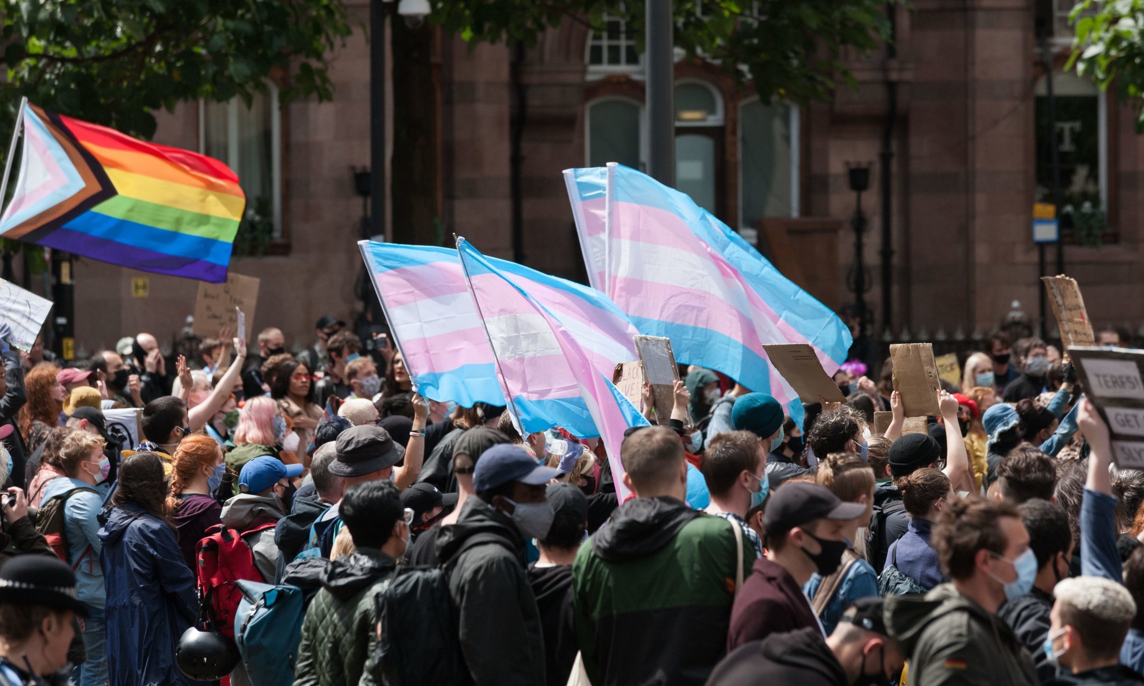 Trans rights advocates gather in St Peter's Square in Manchester.