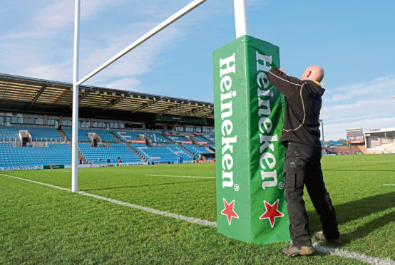 Mandatory Credit: Photo by Dan Sheridan/INPHO/Shutterstock (10529575l)
Exeter Chiefs vs La Rochelle. Staff prepare the pitch at Sandy Park ahead of the game
Heineken Champions Cup Round 6, Sandy Park, Exeter, England, UK - 18 Jan 2020