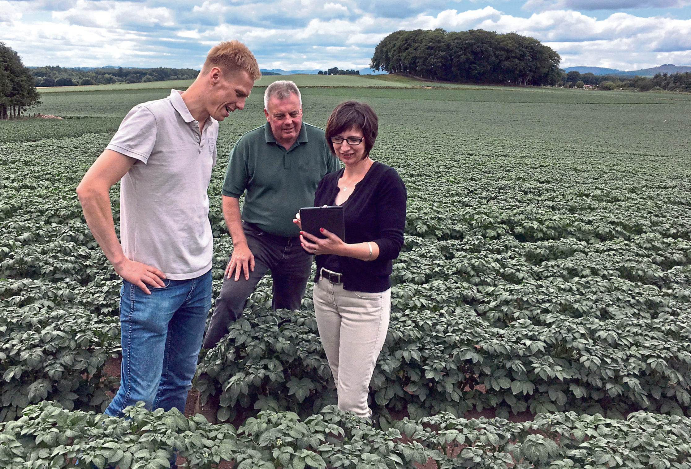 Kenneth Waring, Jim Wilson and Seonaid Ross, of SoilEssentials, conduct a field test on potatoes.