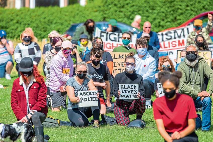 Black Lives Matter protesters at Magdalen Green, Dundee.