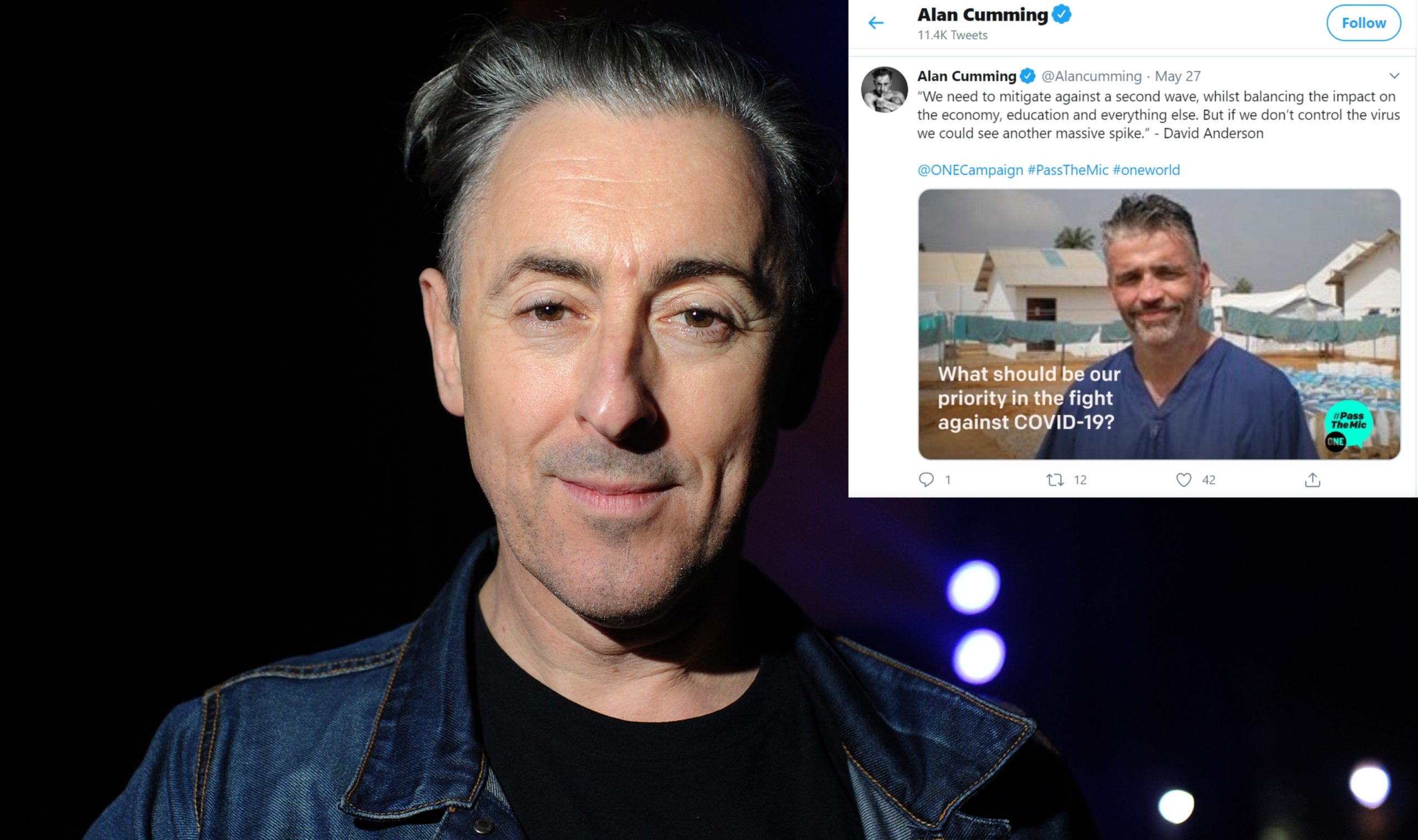 Actor Alan Cumming and, inset, David Anderson's Tweets from his Twitter account