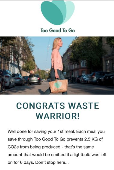 A message from To Good to Go congratulating the user on being a 'waste warrior'
