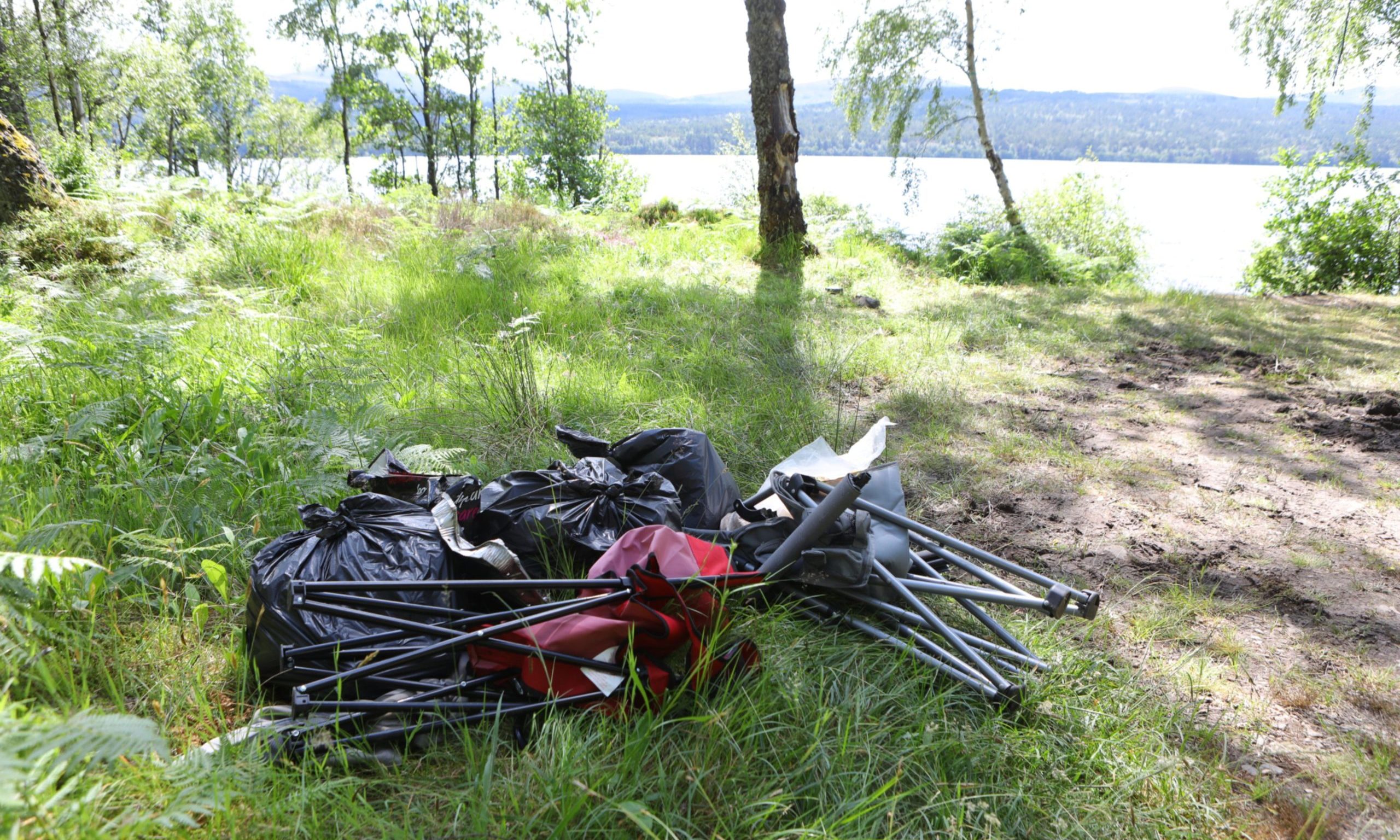 Mess left behind by some of the 'dirty campers' at the side of Loch Rannoch on Sunday morning.