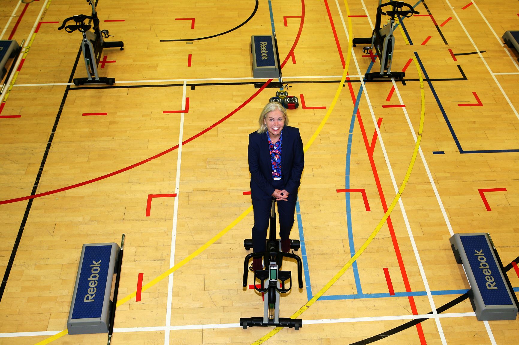 Emma Walker demonstrating new social distancing measures at one of Fife's leisure centres.