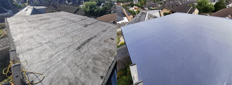 Before and after, a flat roof upgraded to modern pvc.