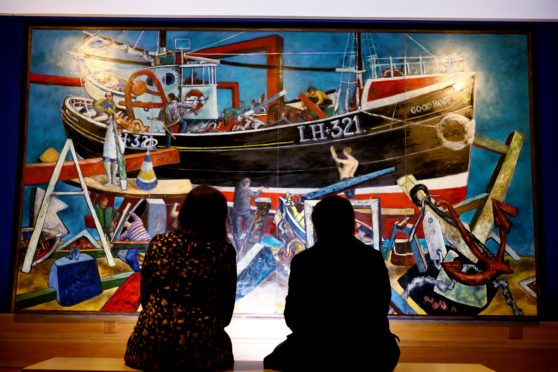 the painting 'The Boat Builders' by John Bellany, in the Icons II exhibition, at the Perth Museum & Art Gallery