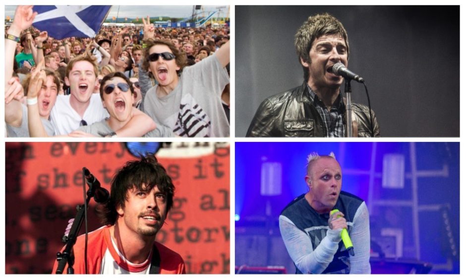 T in the Park first launched in 1994. From top left, clockwise: Fans enjoy the festival; Noel Gallagher in 2015; Keith Flint of The Prodigy in 2015; Dave Grohl of Foo Fighters in 2002.