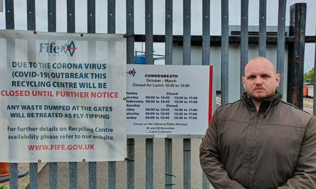 Local councillor Darren Watt outside Cowdenbeath recycling centre.