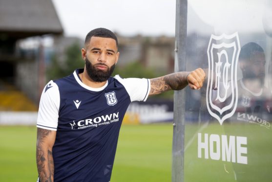 Striker Alex Jakubiak signed for Dundee on August 5. The tattoo of his grandfather Zigmund is on the inside of his right forearm. Credit: David Young.