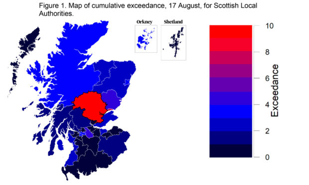 A graphic showing the scale of coronavirus transmission across Scotland.