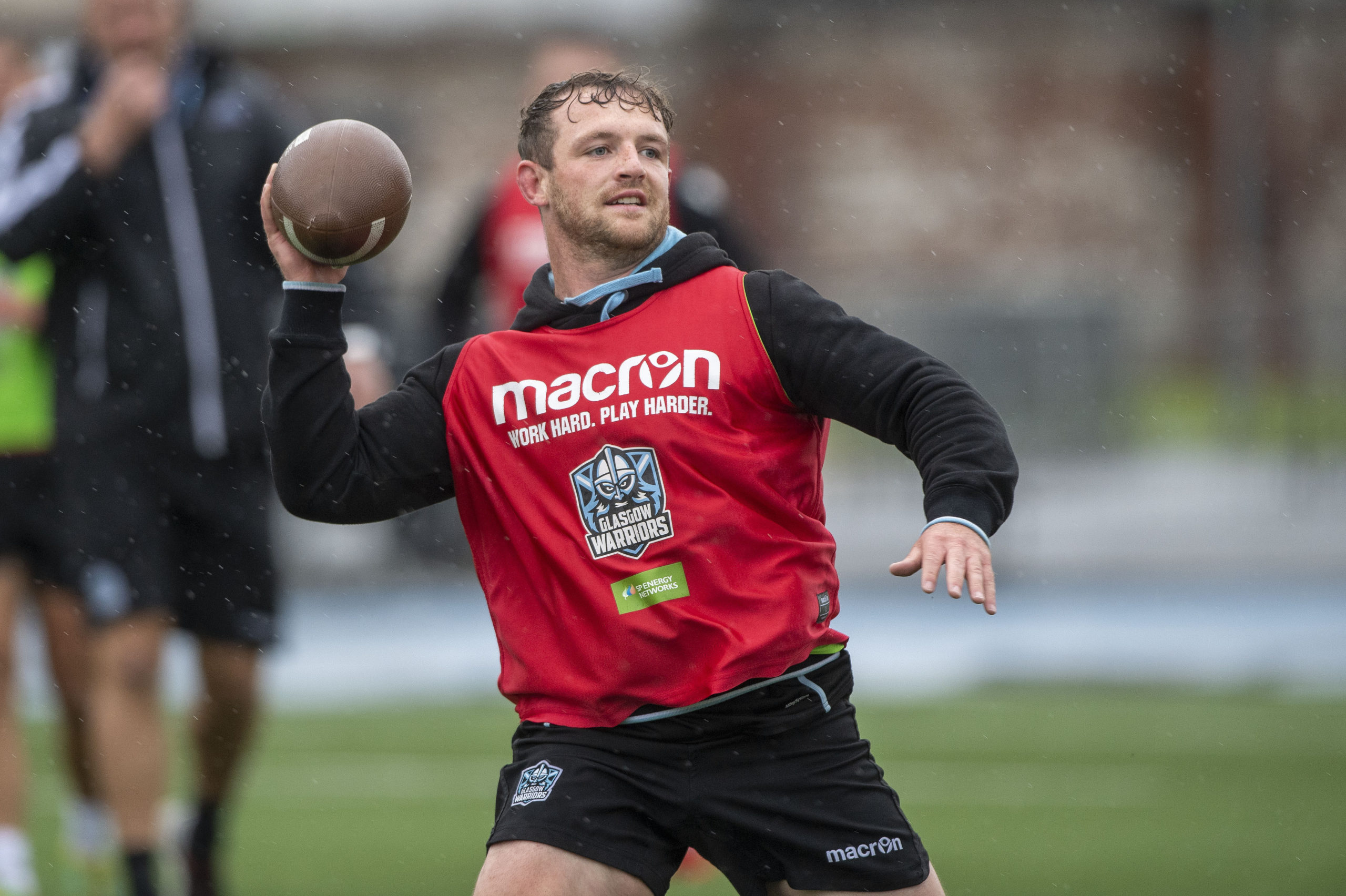 Nick Grigg trying a little American Football in training at Glasgow this week.