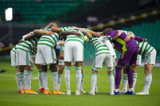 Celtic huddle up before demolishing KR Reykjavic.