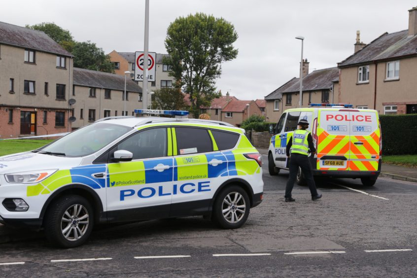 Police activity at Spitalfield Place, near Newbigging Drive, in Arbroath.