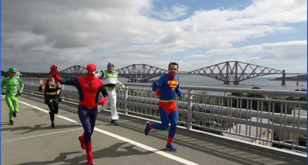 Dalgety Bay Superman supported  his pal Duloch Spiderman during the epic 49-mile charity run.