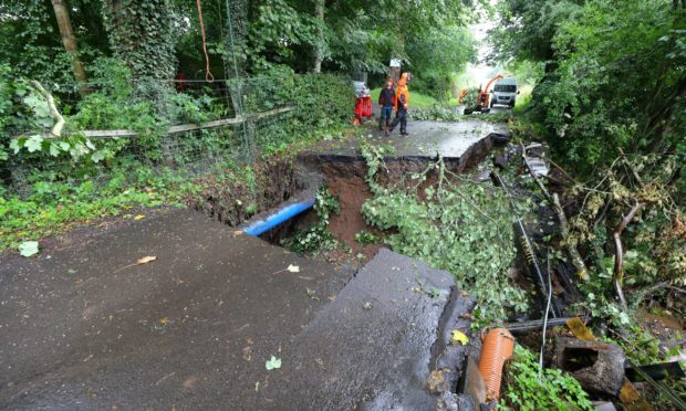 Damage to Station Road in Forgandenny