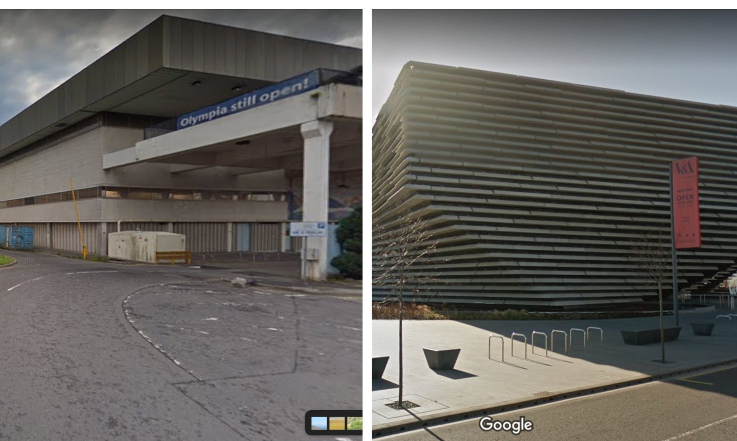 Users are shown Street View images of the now demolished Olympia Leisure Centre from many years ago, left, mixed in with new images such as that of V&A Dundee, right, which replaced it