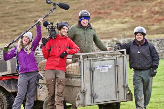 The BBC crew filming This Farming Life at Armadale Farm with Ian and Joyce.