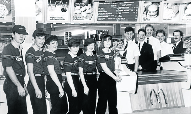 Dave Jeffrey was the first manager of the McDonald's in Reform Street when it opened in 1987. It was the first McDonald's outlet in Scotland. Dave, of Monikie, is on the right.