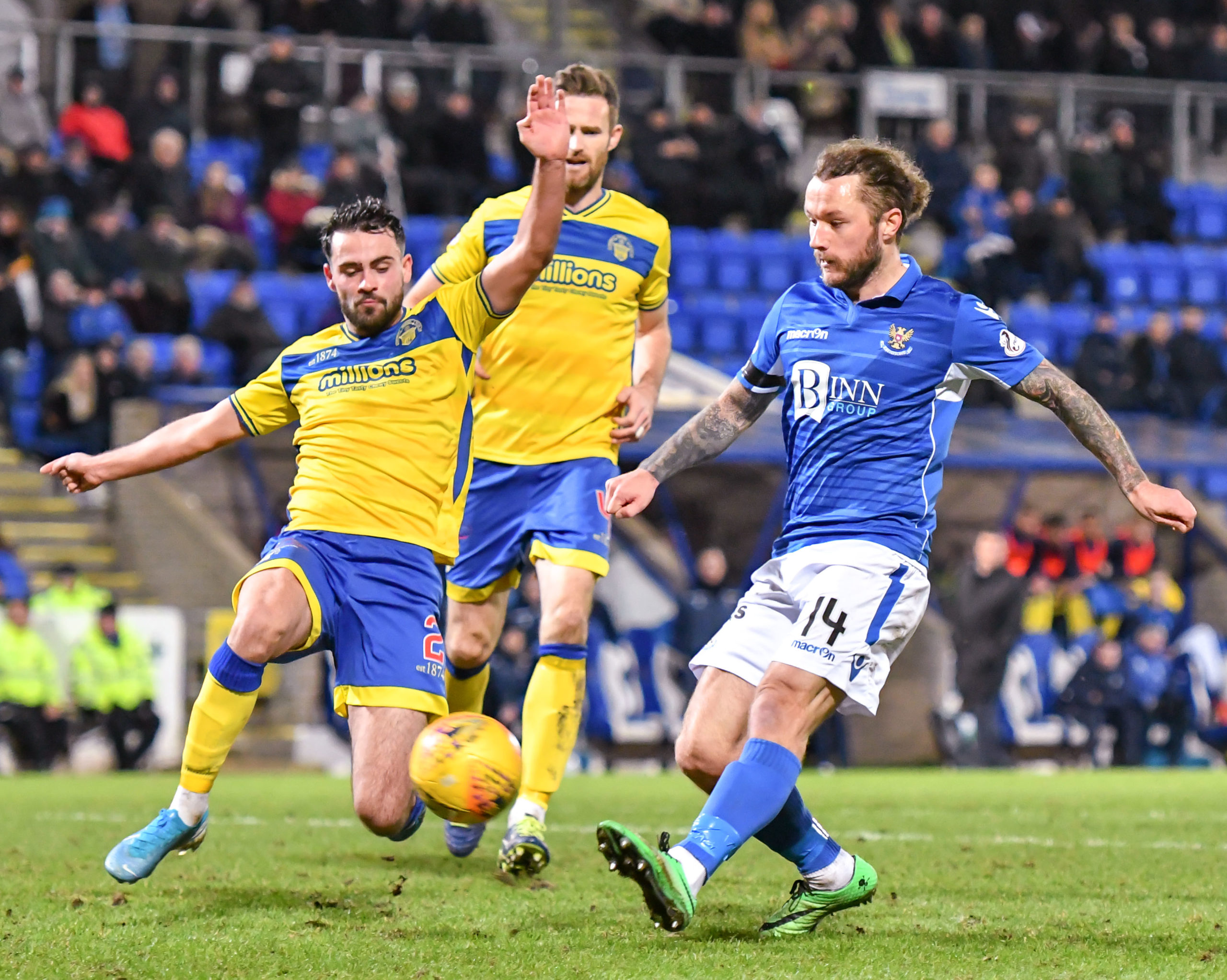 Tumilty in action for Morton up against St Johnstone's Stevie May