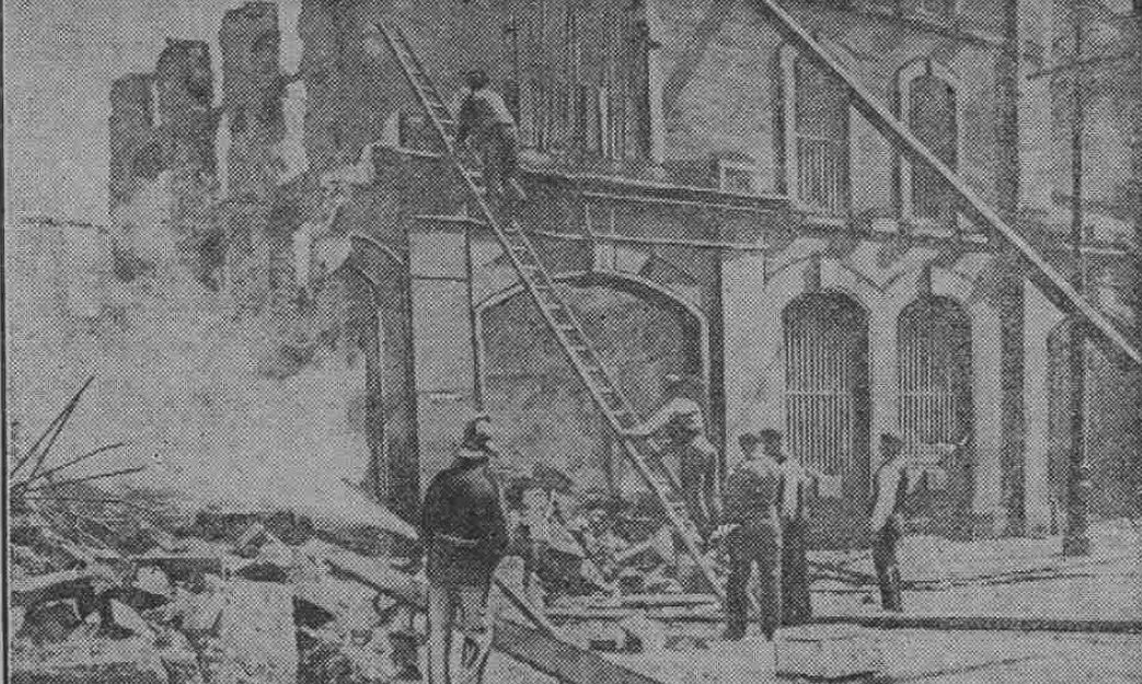 The scene of the disastrous fire at the whisky bond at the junction of the Seagate and Candle Lane in Dundee.
