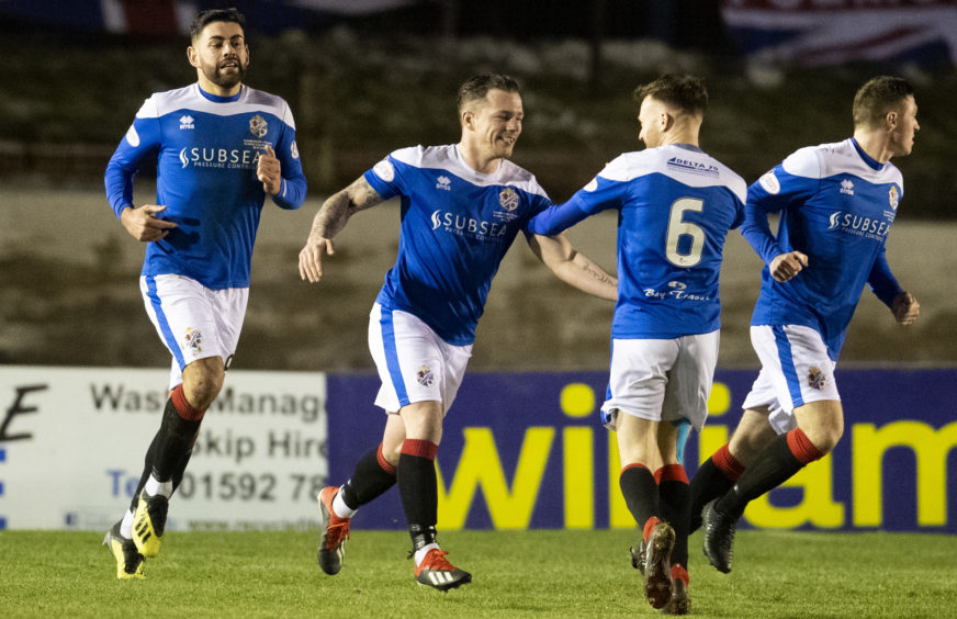 David Cox (centre) celebrates his 2019 Scottish Cup goal against Rangers with Kyle Miller.