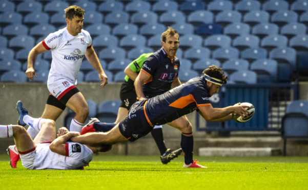 Captain Stuart McInally scores Edinburgh's first half try at Murrayfield.