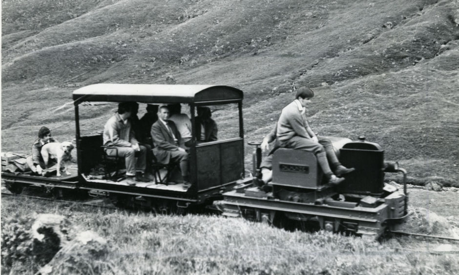 Dalmunzie railway, complete with passengers and a dog, in April 1977.