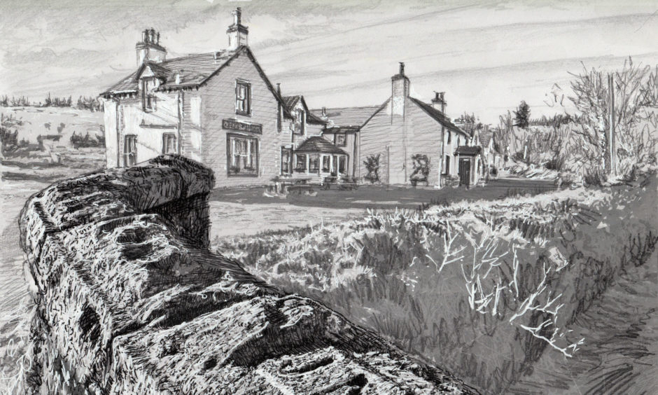 A sketch of the Glenisla Hotel and the Kirkton Burn.