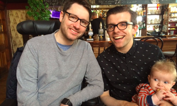 The late Gordon Aikman (left) with best friend Lawrence Cowan and Lawrence's baby son Fergus Gordon Cowan