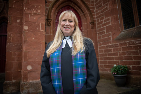 Lorna Tunstall outside Inchture Parish Church, Moncur Road, Inchture