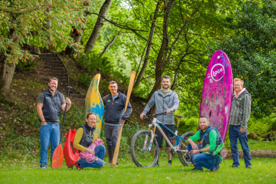 Picture shows, left to right is, Ross Dempster (Beyond Adventure), Sarah Turner (Wee Adventures), Piotr Gudan (Outdoor Explore), Adam Flint (Progression Bikes), Ben Case (The Canyoning Company) and Matt Gambles (Paddle Surf Scotland) -- Woodland near The Cross and Dunkeld Cathedral, Dunkeld