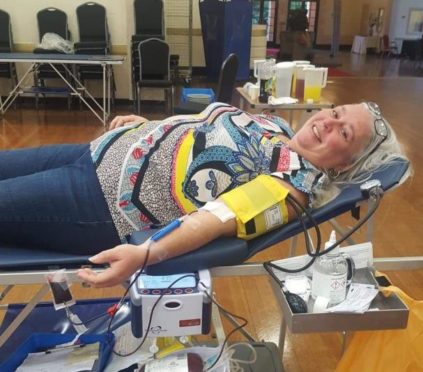 Tracey Cunningham has donated her 65th unit of blood to the Scottish National Blood Transfusion Service. Picture shows; Tracey Cunningham. Dunfermline. Courtesy NHS 24 Date; Unknown